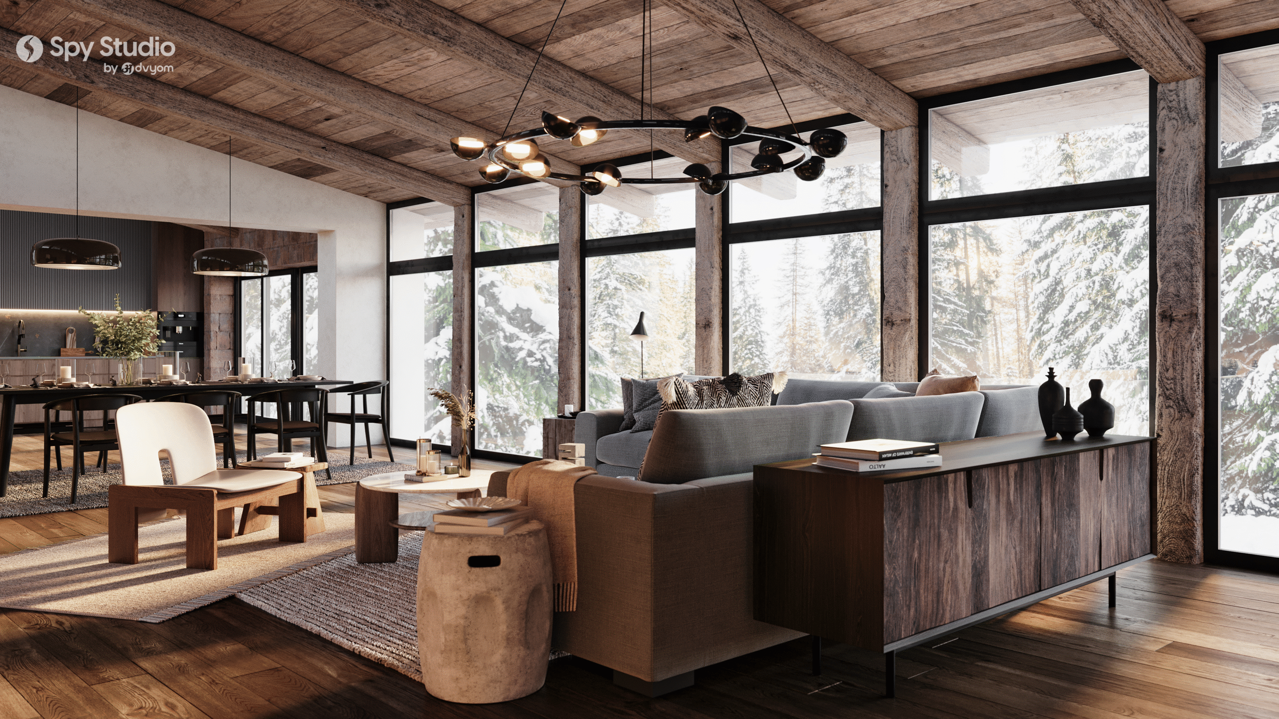 3D rendered image of a luxury apartment interior with realistic textures