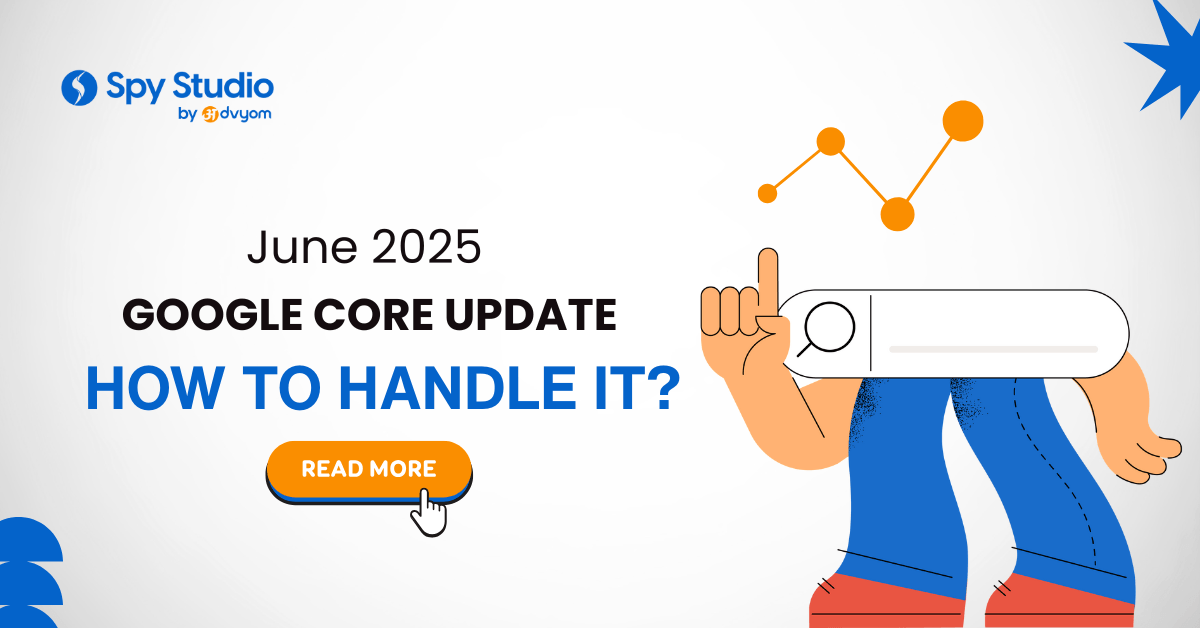 Illustration showing Google’s June 2025 Core Update with SEO ranking changes, algorithm icons, and web analytics graphs.